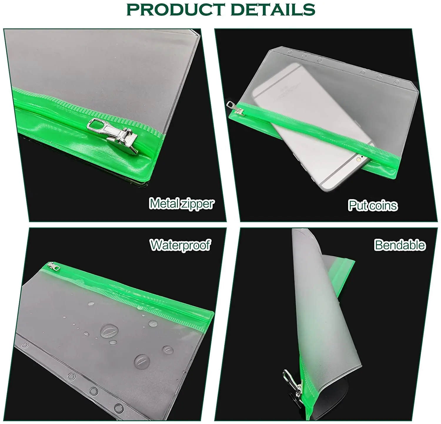 8Pcs/Set 6-Ring Binder Pockets  A6 Multicolor PVC Binder Pockets with Metal Zipper Waterproof for Cash Envelopes/Bill Storage