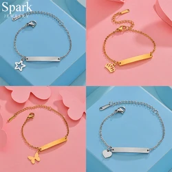 Custom Engrave Name Date Child Bracelet Stainless Steel Heart Crown Star Pendant Kid Personalized Bracelet Jewelry Birthday Gift