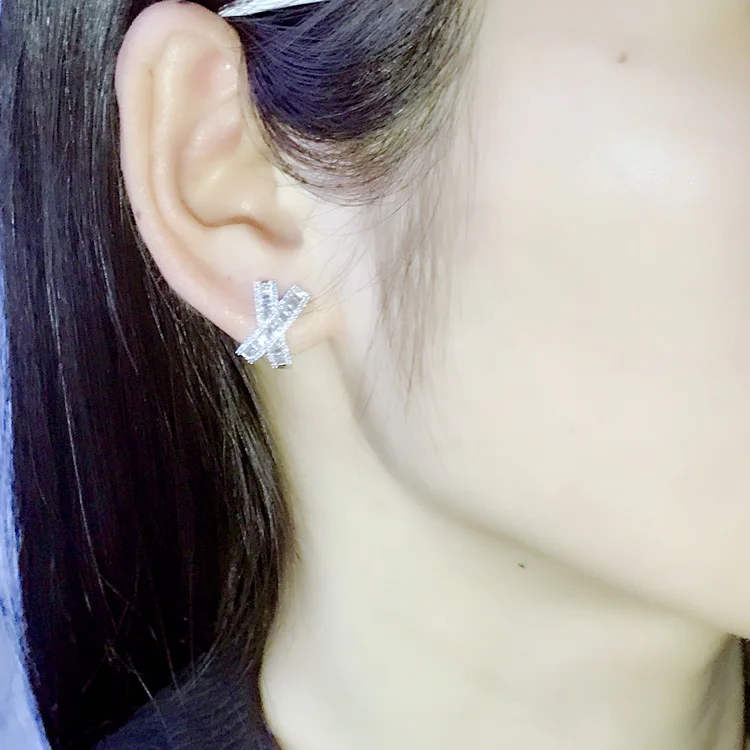 Across 14 Gold Lab Diamond Stud Earring Real 925 sterling silver Engagement Wedding Earrings for Women Bridal Gemstones Jewelry
