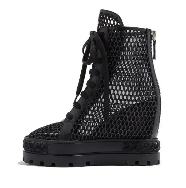 

Summer Woman Black Mesh Real Leather High Top Sneakers Botas Hollow 10cm Height Increasing Thick Sole Platform Wedge Short Boots