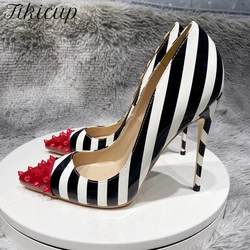 Tikicup Red Spikes Poinry Toe Women Striped Print High Heel Party Shoes Sexy Ladies Slip On Designer Stiletto Pumps Customize