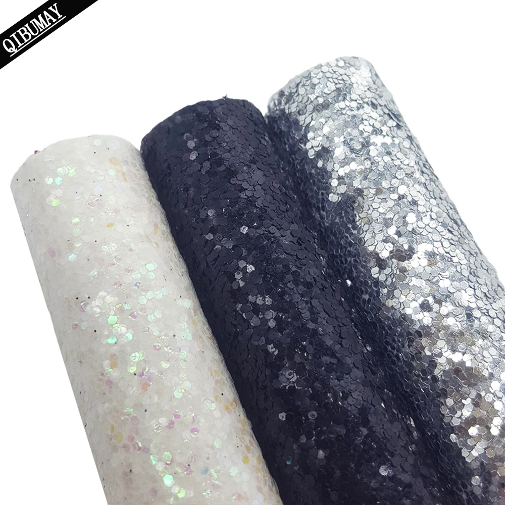 QIBU 3pcs 22*30cm Chunky Glitter Fabric Faux Leather Sheets A4 Black Silver Crafts Accessories DIY Hair Bow Earring Materials