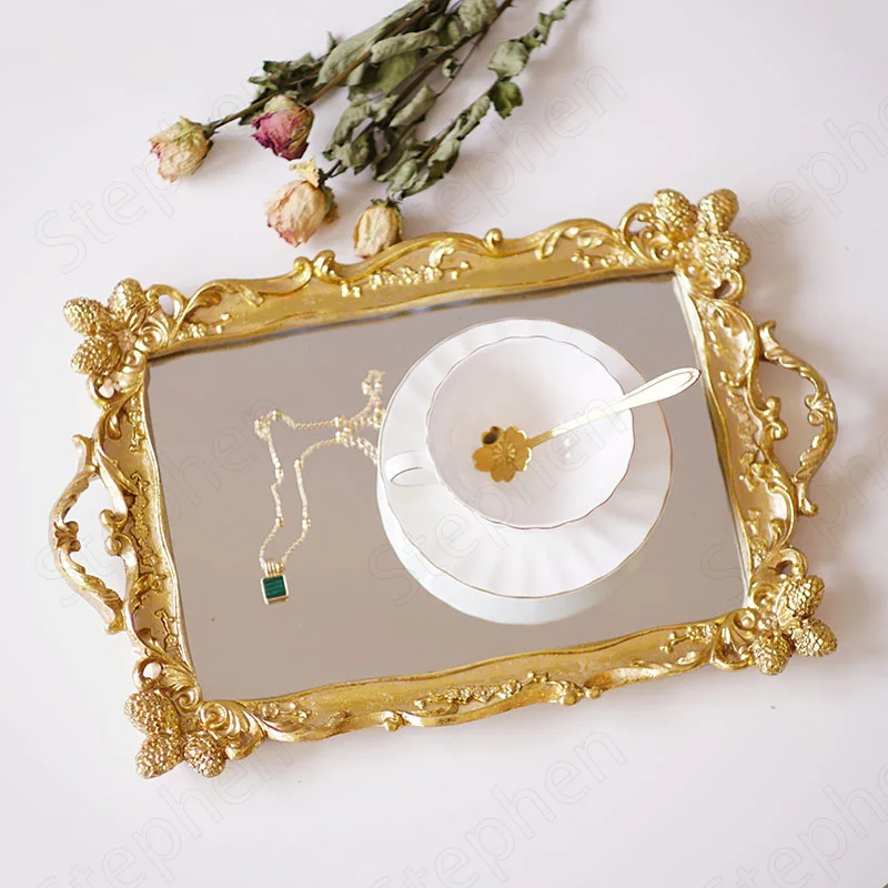 

Gilded Pomegranate Flower Mirror Trays Decorative European Vintage Rectangle Resin Jewelry Cosmetic Storage Tray Home Cake Stand