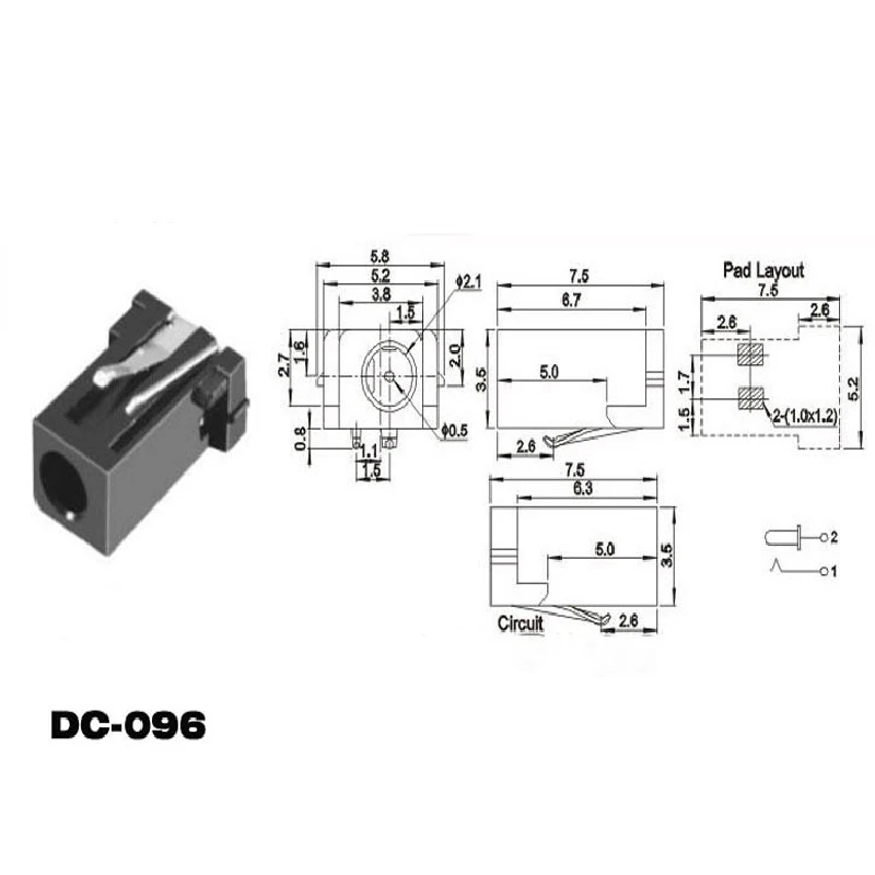 10pcs DC-096 Power Socket Connector The Power Supply Female Power Connect Jack DC096 2.1-0.48MM 2.1x0.48mm 2.1*0.48mm