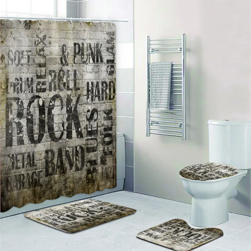 Grunge Rock Music Poster Bath Shower Curtain Set Vintage Brick Wall Guitar Musical Bathroom Mats Rugs for Toilet Home Decor Gift