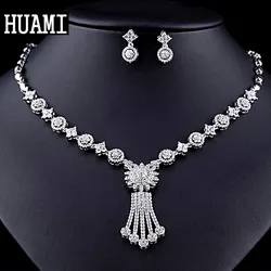 HUAMI Round Drop Earrings Necklace Women Jewelry Sets Bridal Tassel Pendant AAA Zircon Bead Chian Gift for Girlfriend Bijoux