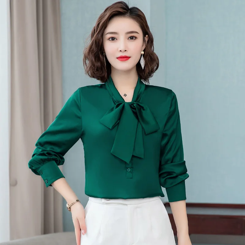 Elegant bright color bow satin silk women shirt blouse long sleeve fashion korean office ladies work shirt basic female tops