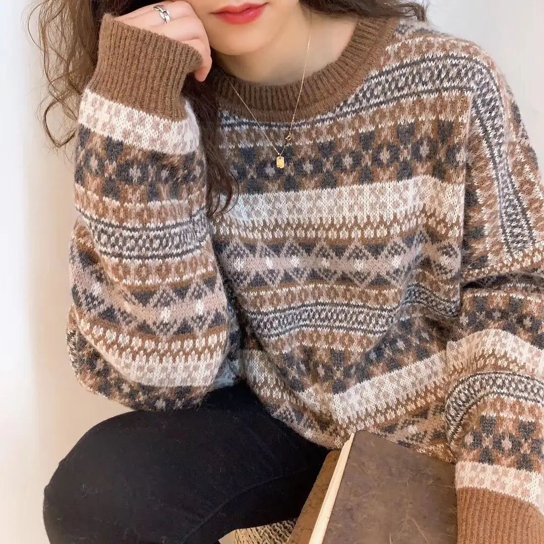 Vintage Sweaters Women Pullover Winter Striped Jumpers Korean Style Loose Pullover Knitwear Casual Loose Sweater Pull Femme