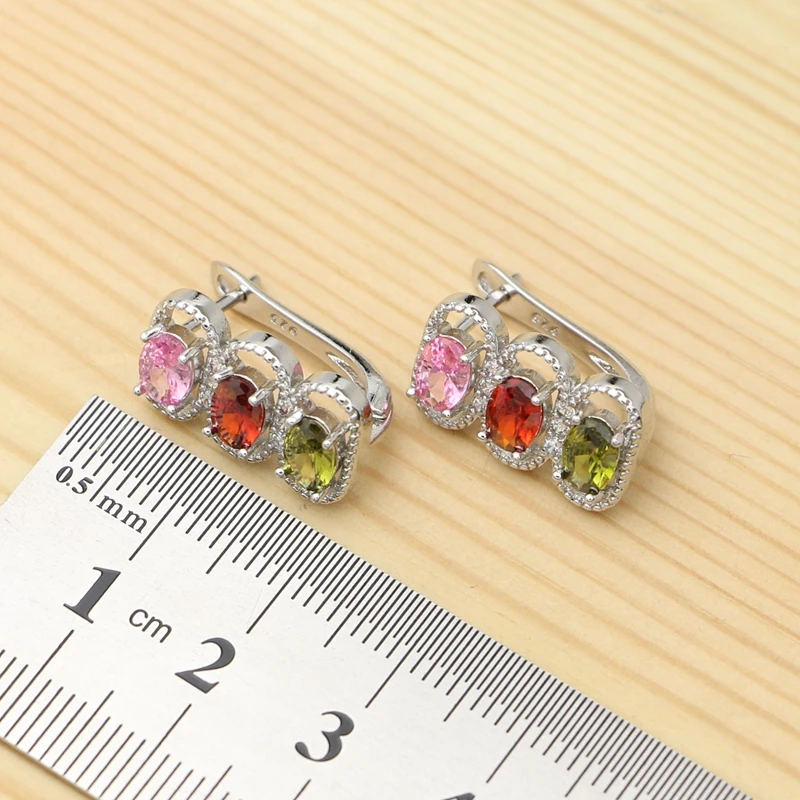 Silver 925 Jewelry Sets For Women Wedding Accessories Multicolor Cubic Zirconia Pendant Necklace Ring Stud Earrings