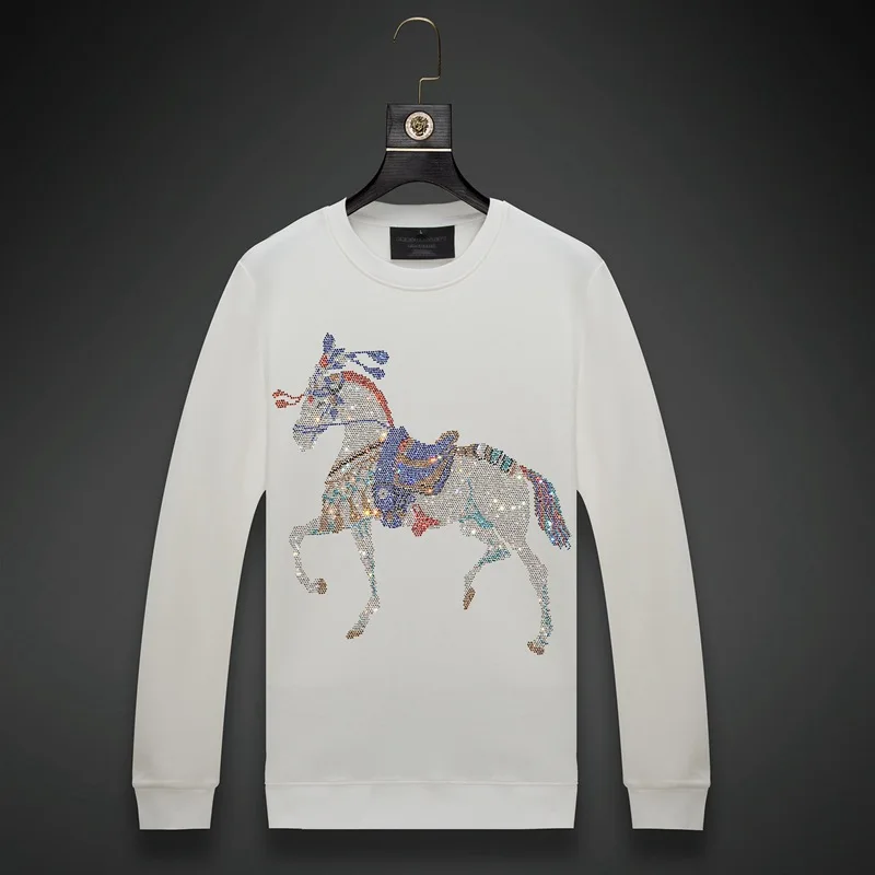 2024 Men Colorful Horse Rhinestones Hoodie Sweatshirt Fashion Streetwear Full Pullover Hoodie O Neck Cotton Mens Autumn Clothes