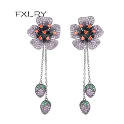 Fxlry Luxury Gun Black Purple Micro-Inlaid Zircon Long Tassel Flower Earrings For Women Party Jewelry
