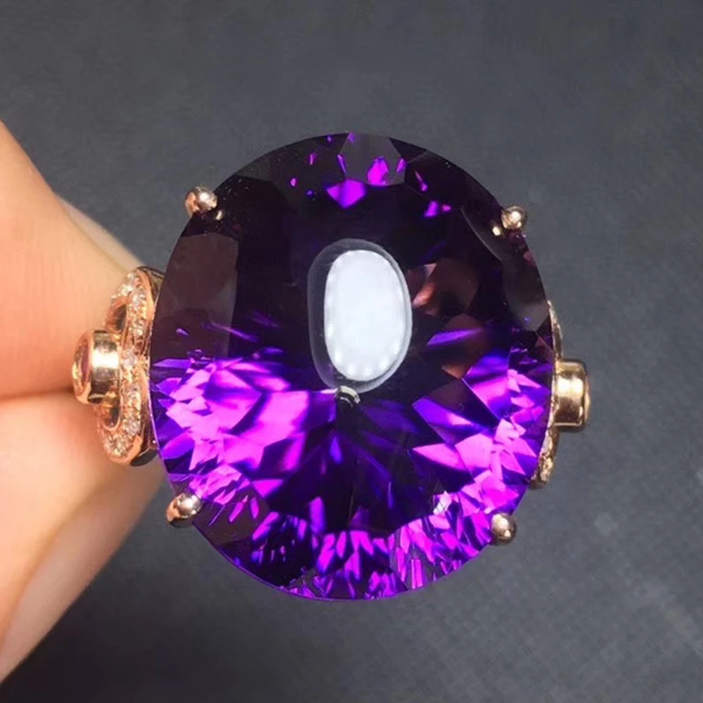 Natural Amethyst ring 18k gold match Natural South Africa Diamond Bare stone16.2ct size 17.2*14.8mm passable adjust ring