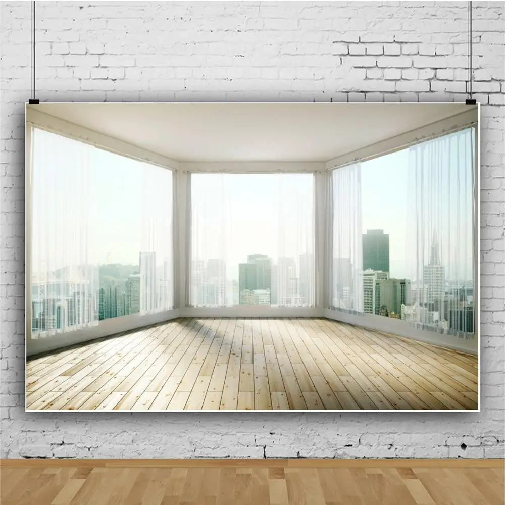 Laeacco Interior Scene French Window Wooden Floor City View Background Portrait Decor Vinyl Photography Backdrop Photo Studio