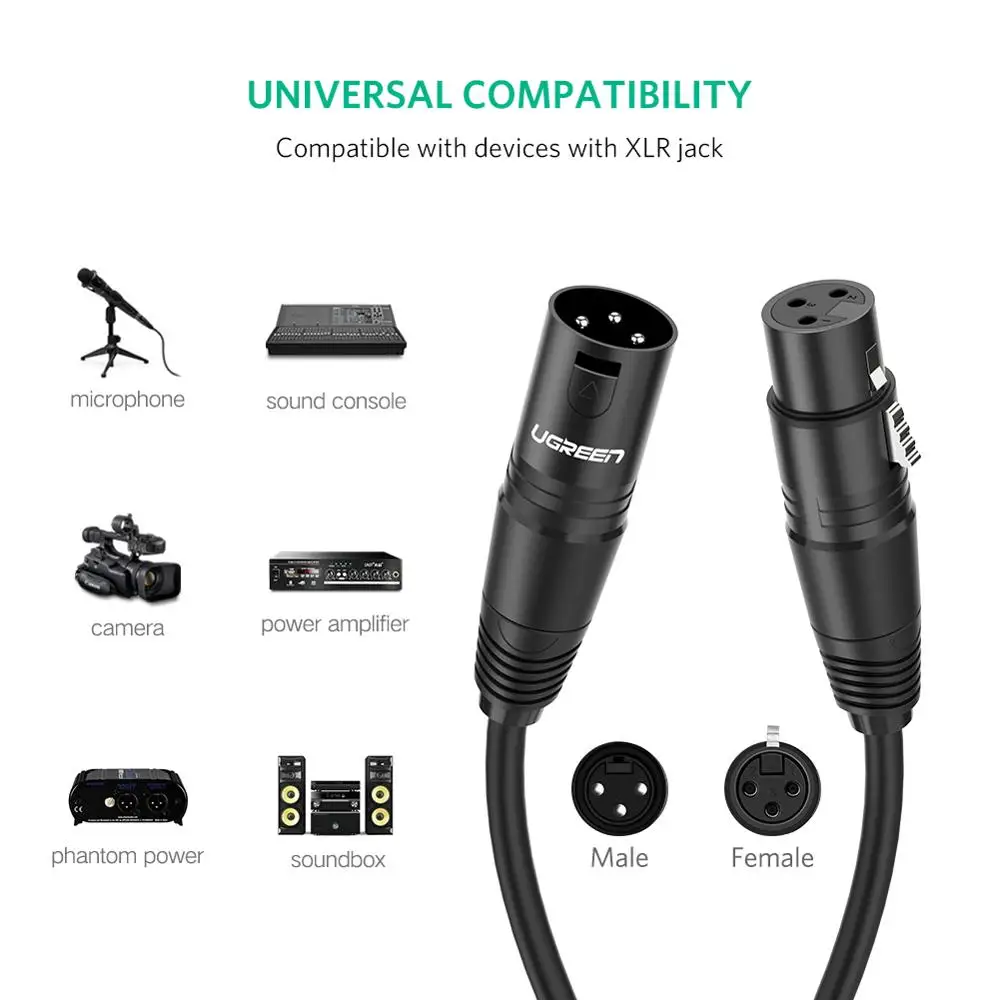 UGREEN XLR Cable Karaoke Microphone Sound Cannon Cable Plug XLR Extension Mikrofon Cable for Audio Mixer Amplifiers XLR Cord