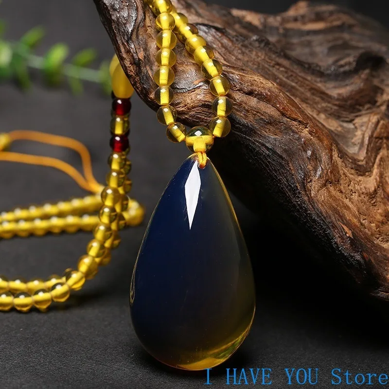 Natural Amber Beeswax Pendant Dominoes Blue Amber Drop Pendant Men's and Women's Sweater Chain Jewelry Pendants