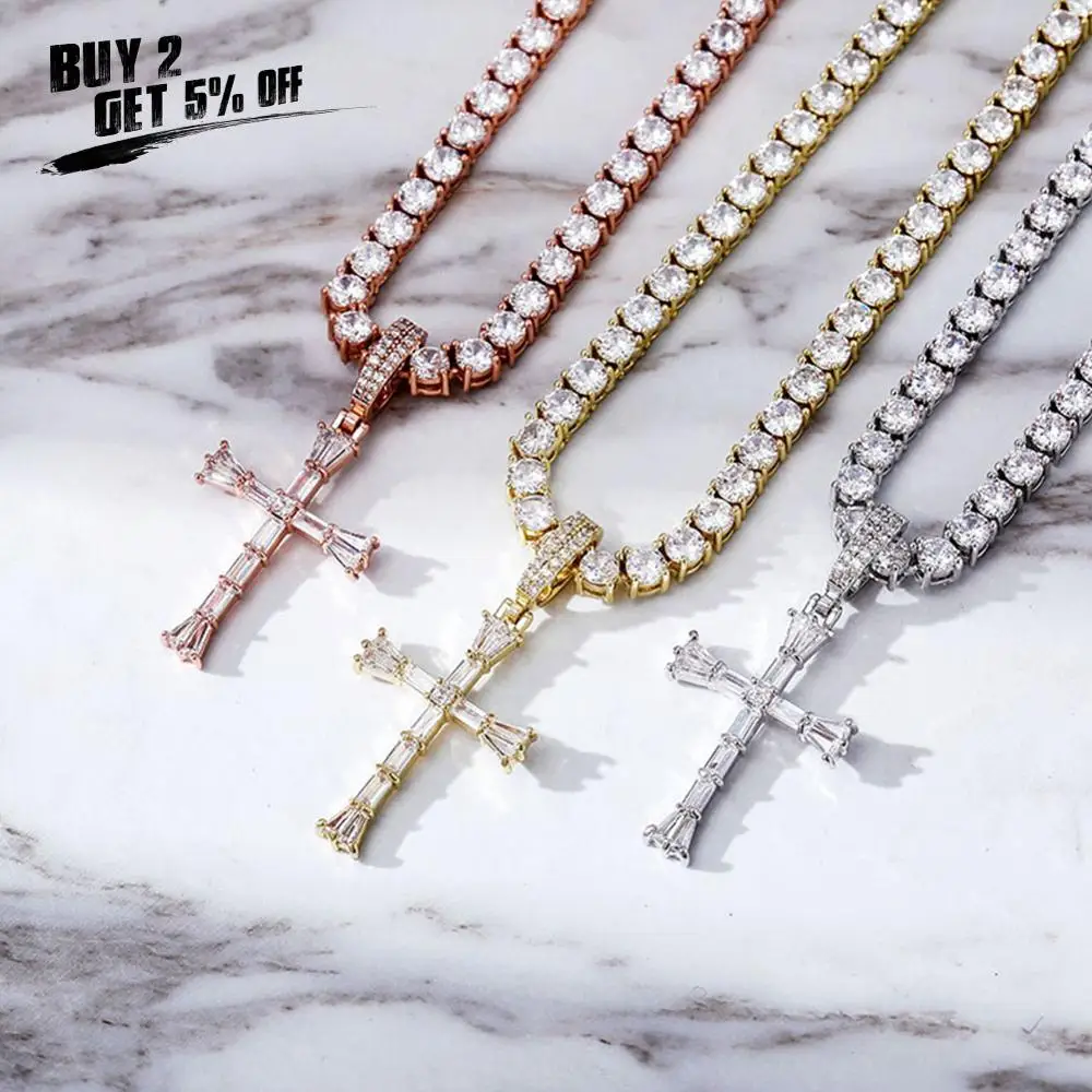 JINAO Men Women personalise Cross Pendant Necklace Copper Material  With 4mm Tennis Chain Hip Hop Jewelry gift