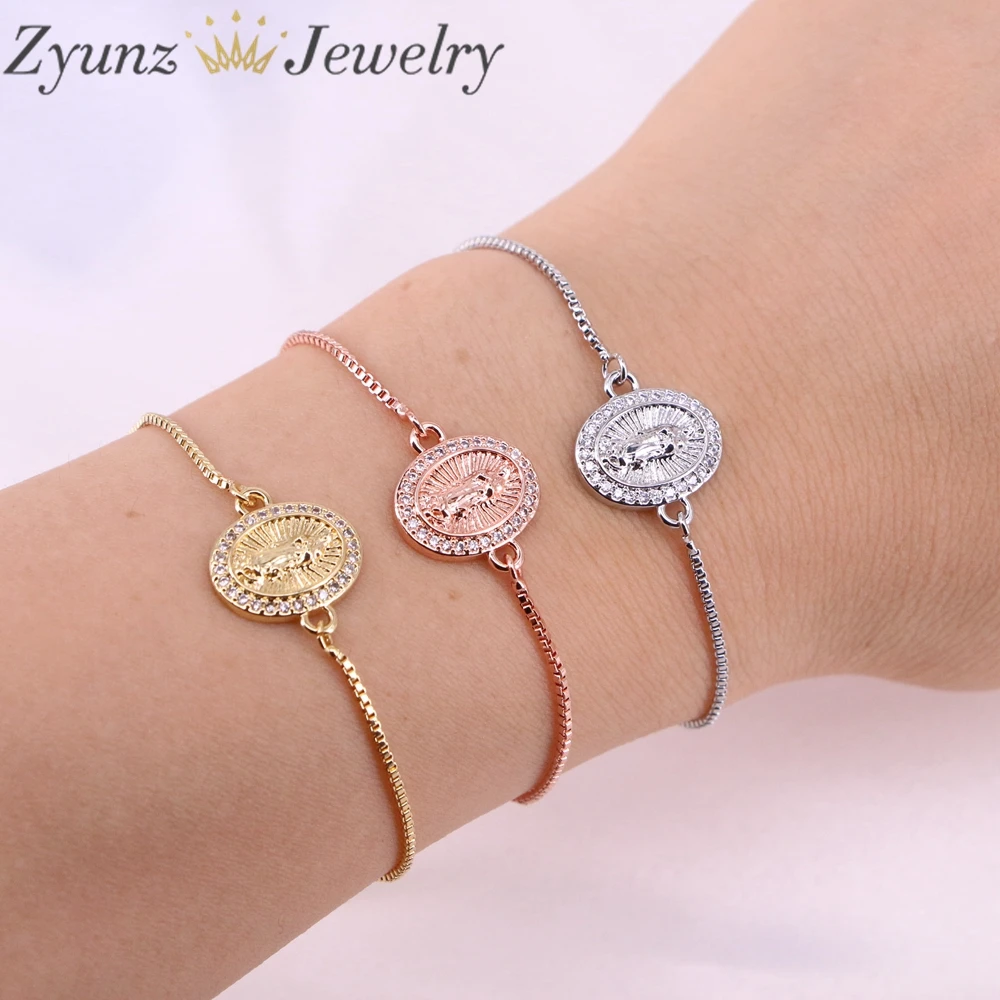10PCS, Gold Chain Virgin Mary Bracelets For Women CZ Zirconia Crystal Bracelets Adjustable Round Charm Christian Jewelry