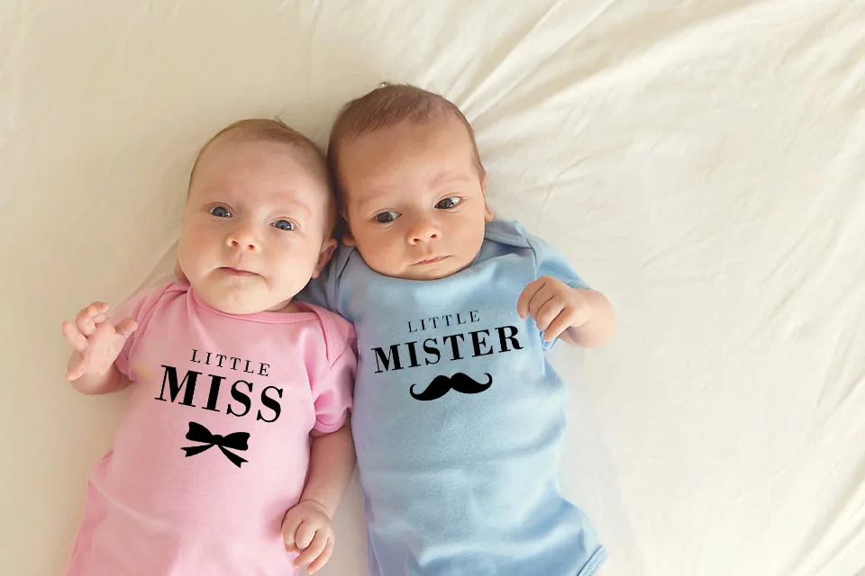 1 Pc Little Miss and Little Mister Baby Girls Boys Summer Short Sleeves Jumpsuit Twins Baby Bodysuits Unisex   Wear