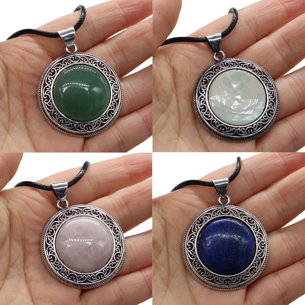 New Natural Stone Antique Silver-Color Pendant Round Shape Lapis lazuli Crystal Agated Necklace Fine Pendants Necklace 38X43mm