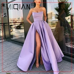 Elegant Strapless Party Gown Satin Sexy Prom Dress Lilac High Slit Plus Size Prom Dresses Long vestido fiesta