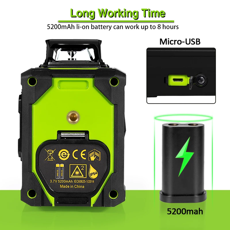 CLUBIONA MD08G German Laser diode 3D Green Laser Level with 2 x 360 separate working lines and 5200mah lithium battery