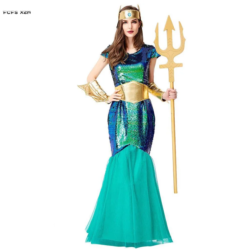 M-XL Green Women Halloween Mermaid Costumes Female Neptune Poseidon Cosplay Carnival Purim Parade Queen Role Play Party Dress