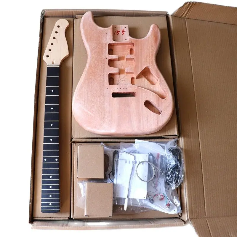 ST Electric Guitar Body & Neck Kit Okoume Wood Barrel Maple Neck 22 Frets White Pickguard Unfinished Project DIY Guitar Parts