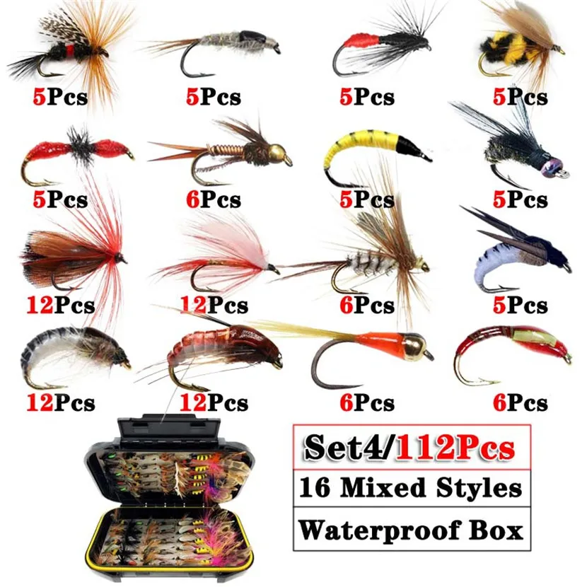 32/40/76/112Pcs Fly Fishing Lure Wet/Dry Nymph Artificial Flies Bait Pesca Tackle Trout Carp Kit