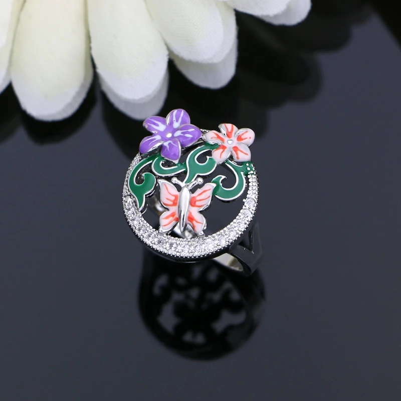 Fine Silver 925 Jewelry Sets Pink&Purple Enamel with Topaz Earrings Women Butterfly Flower Decoration Jewellry Dropshipping