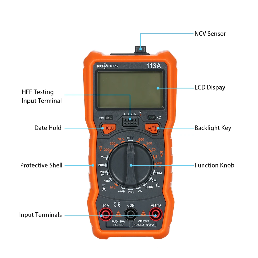 RICHMETERS RM113D Digital Multimeter 6000 Counts NCV AC/DC Voltage Temperature Measuring Meter with Magnetic Suction Flash Light