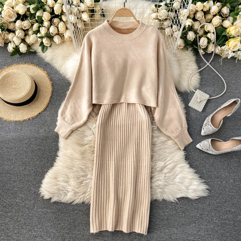 autumn Korean style clothes Two piece dress set Winter fall 2023 fashion women clothing new knitted knit long sleeves sweaters