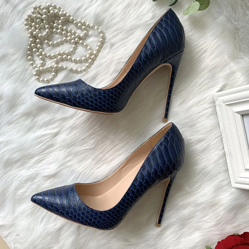 Brand designer navy blue matte python snake pointed toe women lady shoes 12cm 4inches high heel shoes pump on sale