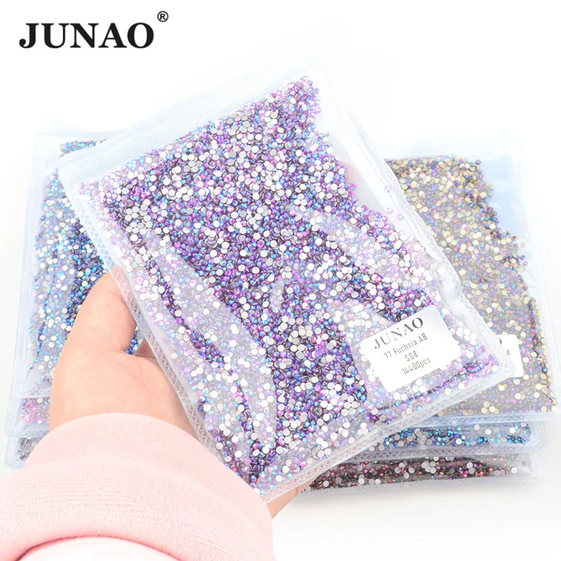 JUNAO SS6 8 10 12 16 20 30 Big Package Fuchsia AB Glass Non Hot Fix Rhinestones Flat Back Crystal Stone Glue on Nail Strass