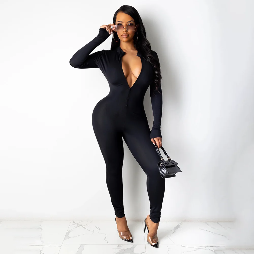 Jumpsuit Solid Hitam Putih Ukuran Plus Pakaian One Piece Lengan Panjang Wanita Jumpsuit Neek V Jumpsuit Bodycon Ritsleting Fitness Wanita