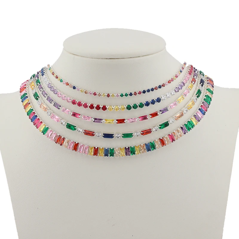 Hot Selling Tennis Chain Rainbow Necklaces Gold Color Fashion Colorful CZ Chocker Necklace For Women Femme Jewelry New