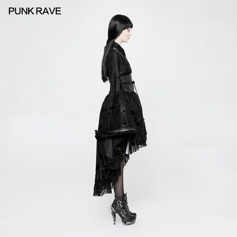 PUNK RAVE Lolita Women Profile Lace Dresses Soft Satin Fabric Independent Waist Seal Flocking Printing Modern Kimono WLQ084