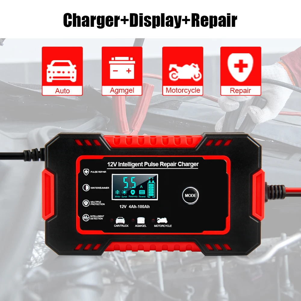 12V 6A/24V 3A Automatic Battery-chargers Digital LCD Display Car Battery Chargers Power Puls Repair Chargers Wet Dry Lead Acid