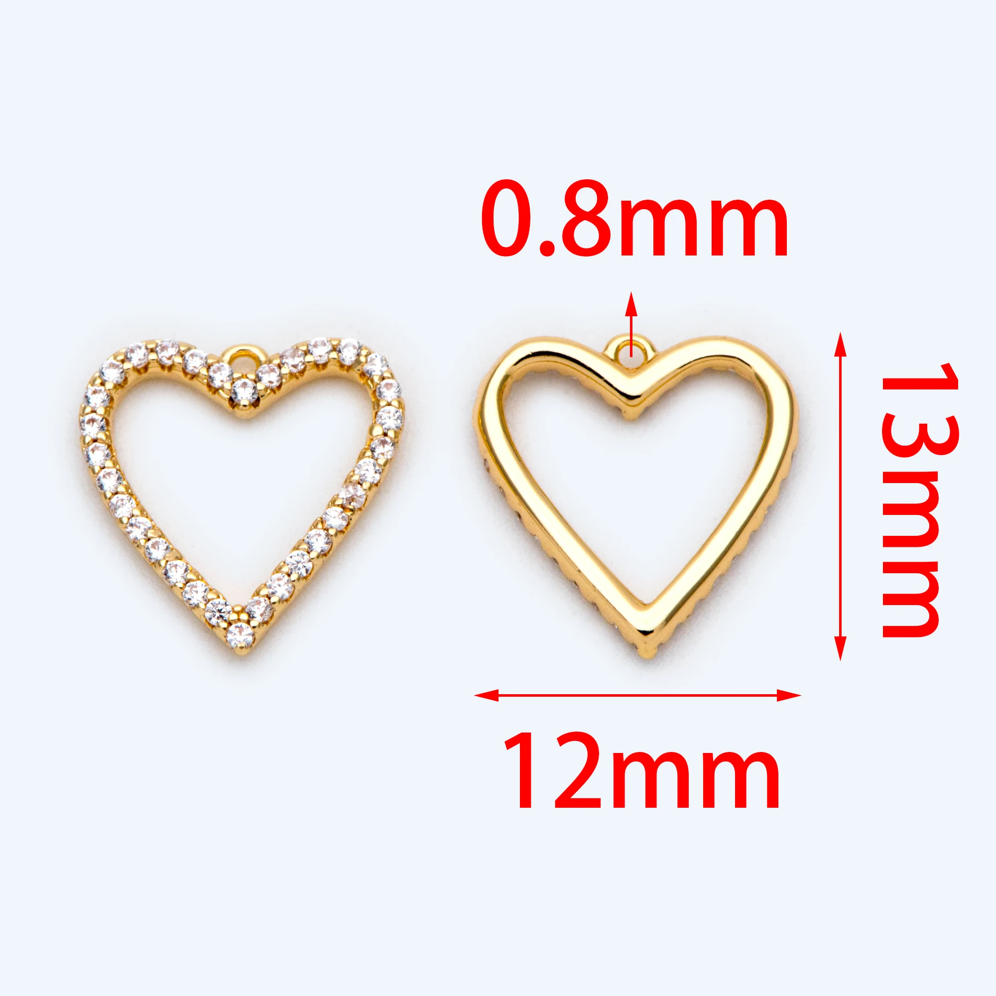 10pcs CZ Paved Gold Heart Pendants 13x12mm, 18K Gold Plated Brass, Rhinestone Heart Charms For Jewelry Making DIY (GB-1730)