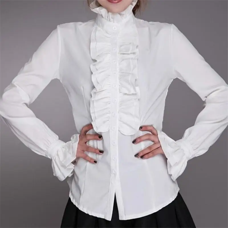 Fashion Victoriaanse Vrouwen Ol Office Dames Wit Overhemd Hoge Hals Stroken Ruffle Manchetten Shirts Vrouwelijke Blouse Manchetten Blouse Herfst