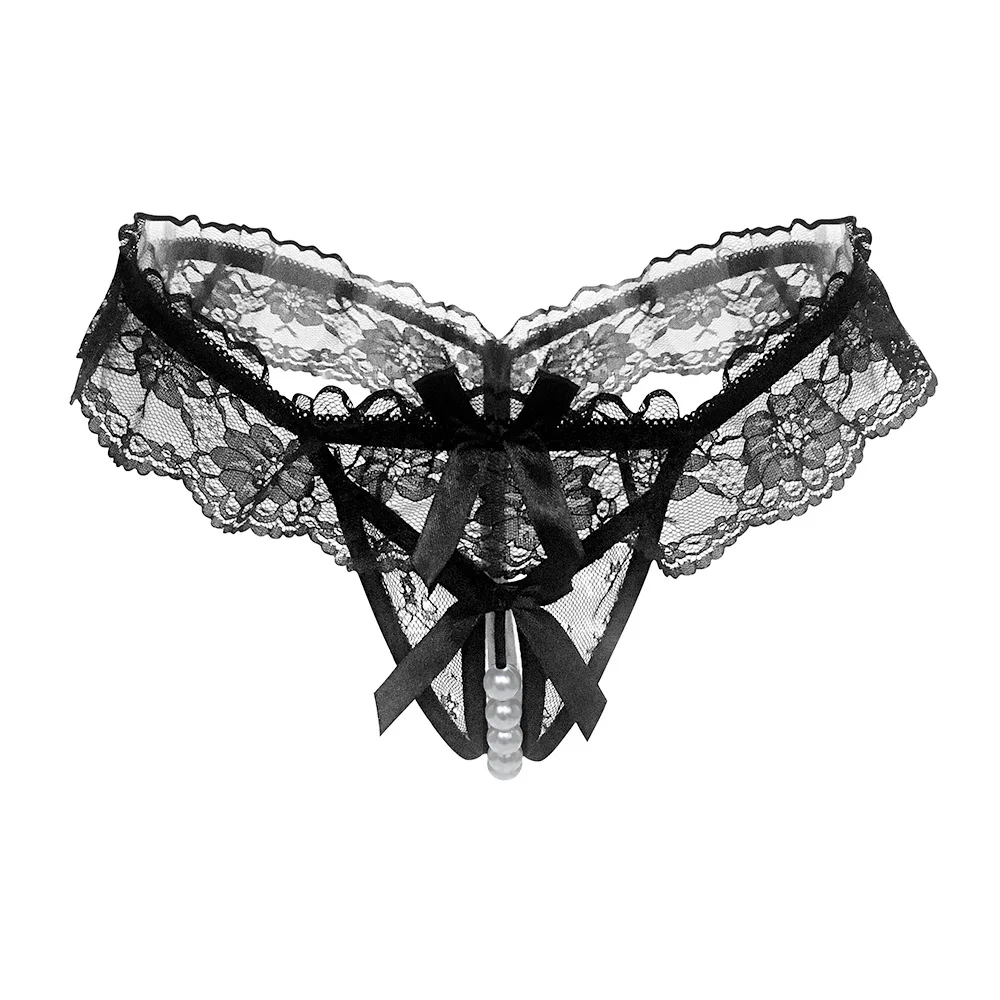 1Pcs Sexy Lace Mesh Women Panties Pearl Open Crotch Women Underwear Sexy G String Erotic Thongs Low Waist Bowknot Strings