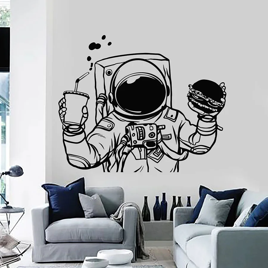 Spaceman Wall Decal Cosmonaut Space Burger Drink Fast Food Vinyl Window Stickers Kids Boys Bedroom Nursery Creative Mural M019