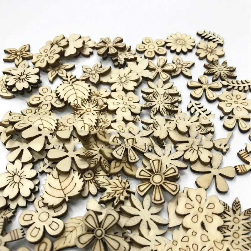

520PCS 20MM Mix Plant/Flower/grass Shape Natural Wooden for Handmade DIY Crafts Wood Ornament Scrapbooking Home Decoration