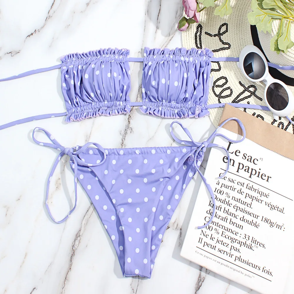 Seksi katı Bikini 2023 kadın pileli Bandeau mayo kadın düşük bel mayo kadın plaj Mini tanga Bikini seti mayo