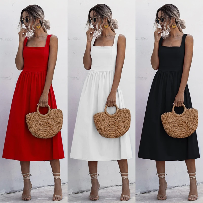 Women Long Dress Summer Sexy Backless Casual White Black Ruched Slip Midi Sundresses 2021 Ladies Strap Clothes For Women Y2k Red