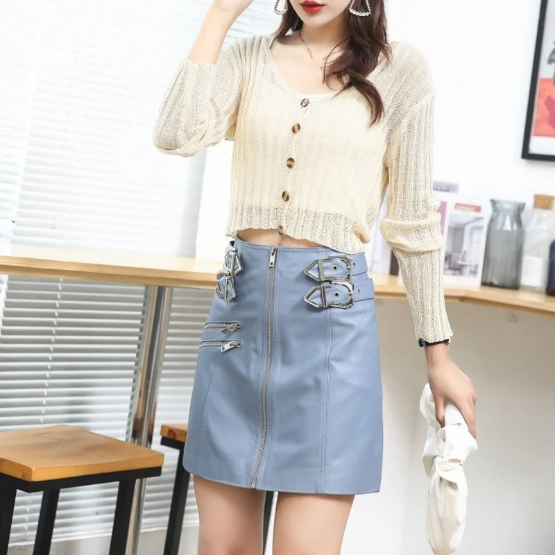 Womens Elegant New 2022 High Waist Zippers High Quality A-Line Office Lady Genuine Leather Korean Style Fashion Casual Skirt