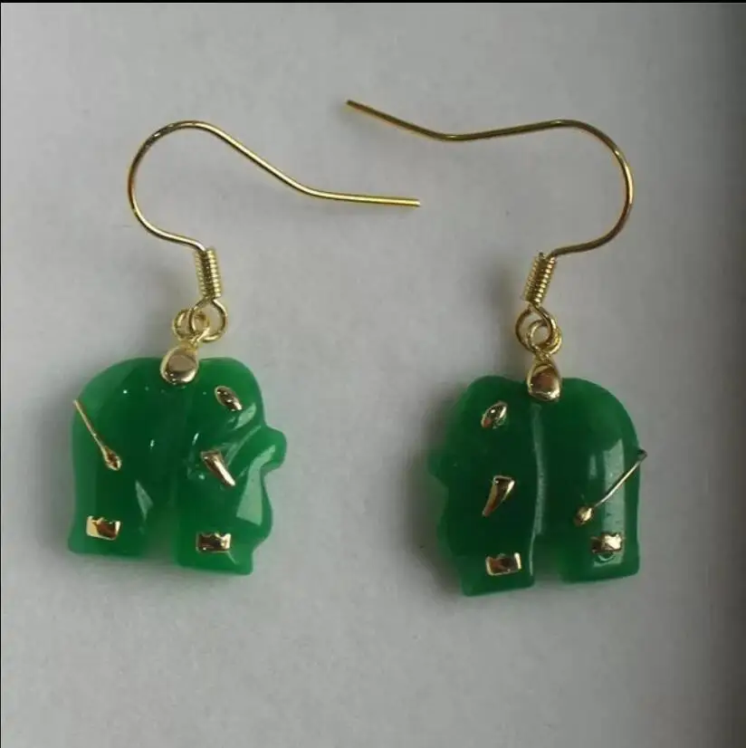 Fashionable and lovely gold plated green Malay Jade Elephant Earrings