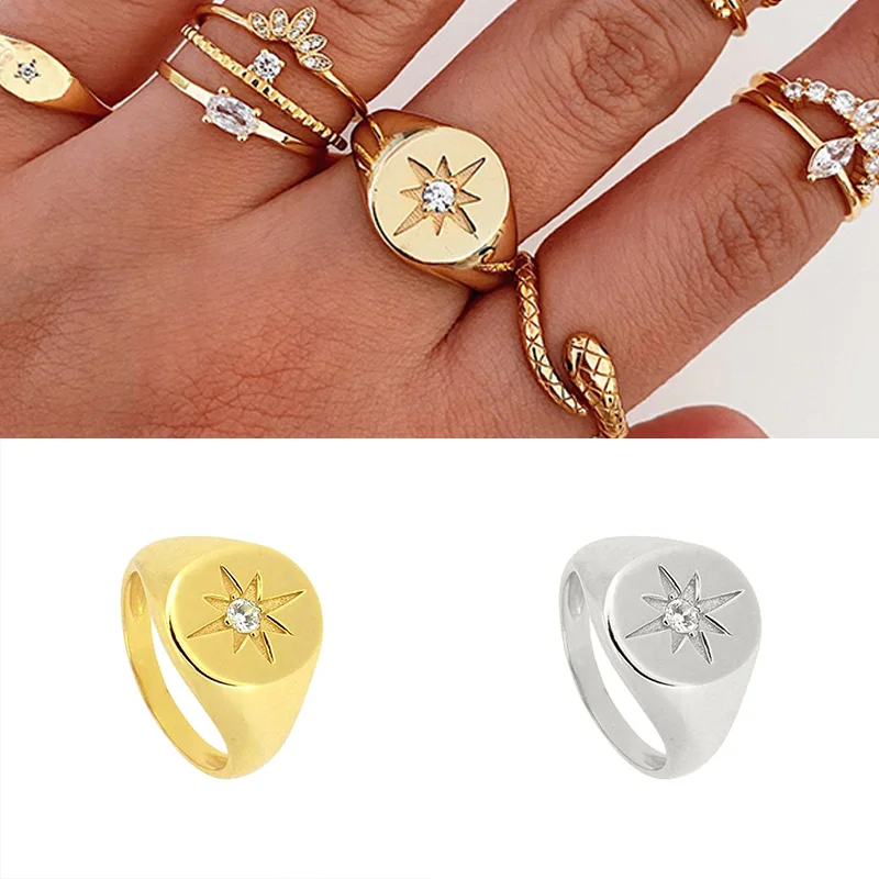 

YUXINTOME 24k Gold-Plated/Silver Gold Star Zircon Shiny Round Thick RIngs Women Rock Punk Classic Fashion Jewelry 2021 Wedding