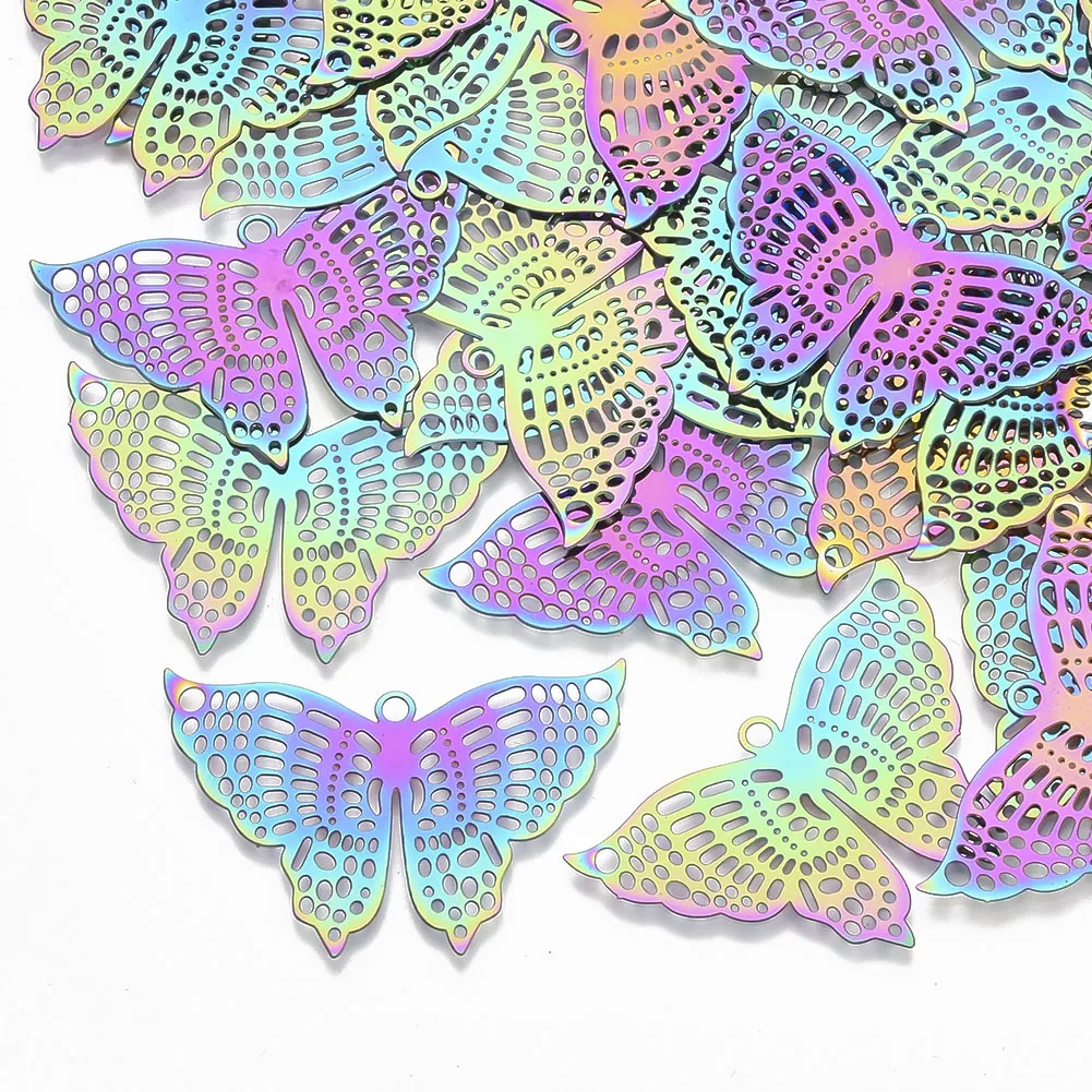 5pcs Hollow Geometry Leaf Butterfly Flower Heart Stainless Steel Filigree Pendants Rainbow Color Charms For DIY Earring Jewelry