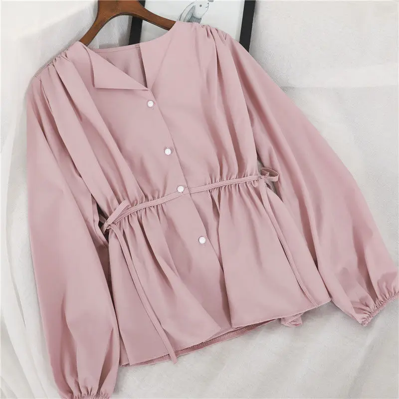 Spring Korean Lace-up Shirt Fashion Women Sweet Elegant Blousa V-neck Long Sleeve Chic Blouse Casual Vintage New Chiffon Tops