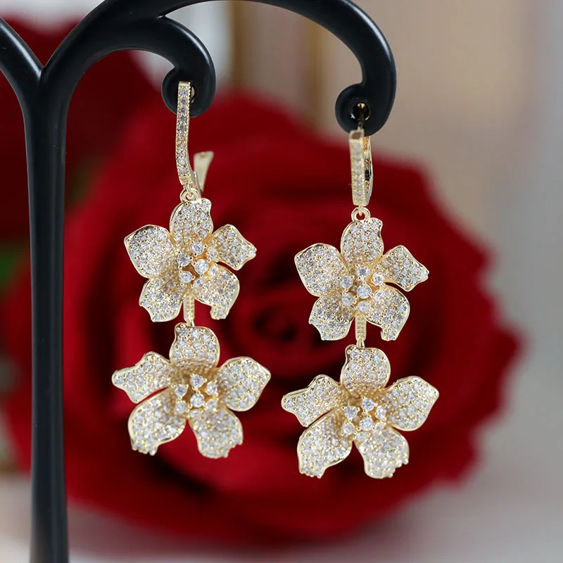 1pair Fully-jewelled CZ Flower Earring Drop Exquisite Elegant Earrings Fashion Jewelry